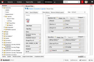 Configuring a module layout in the Studio tool inside SugarCRM.