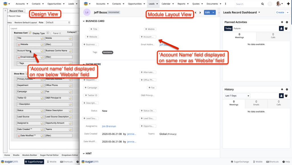 SugarCRM - Filler Field Alignment example