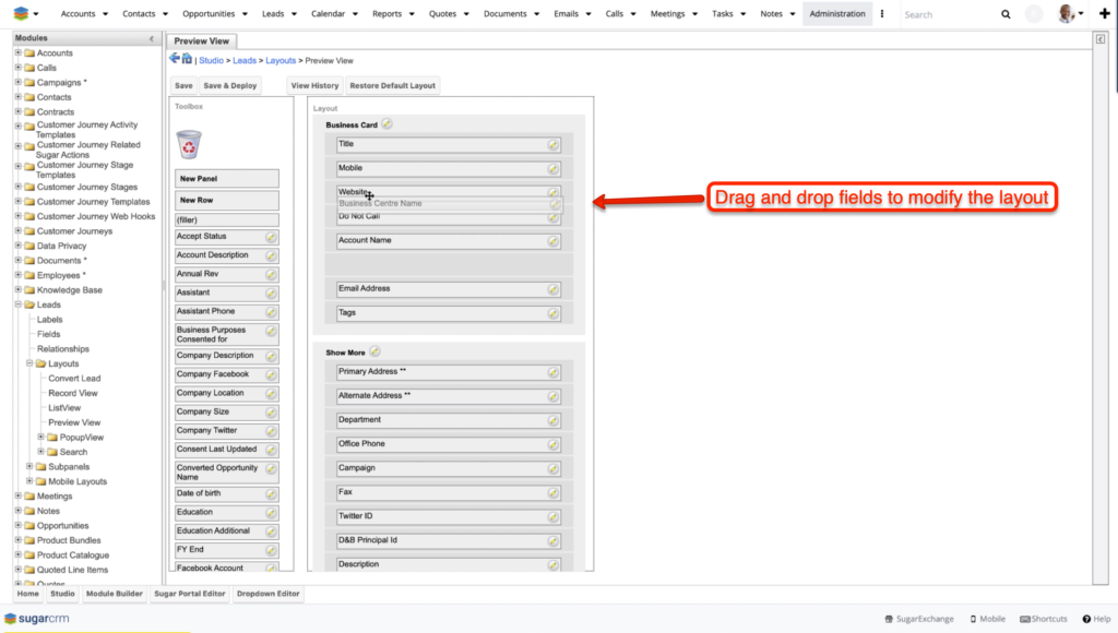 SugarCRM Preview View Layout - How to make changes 2