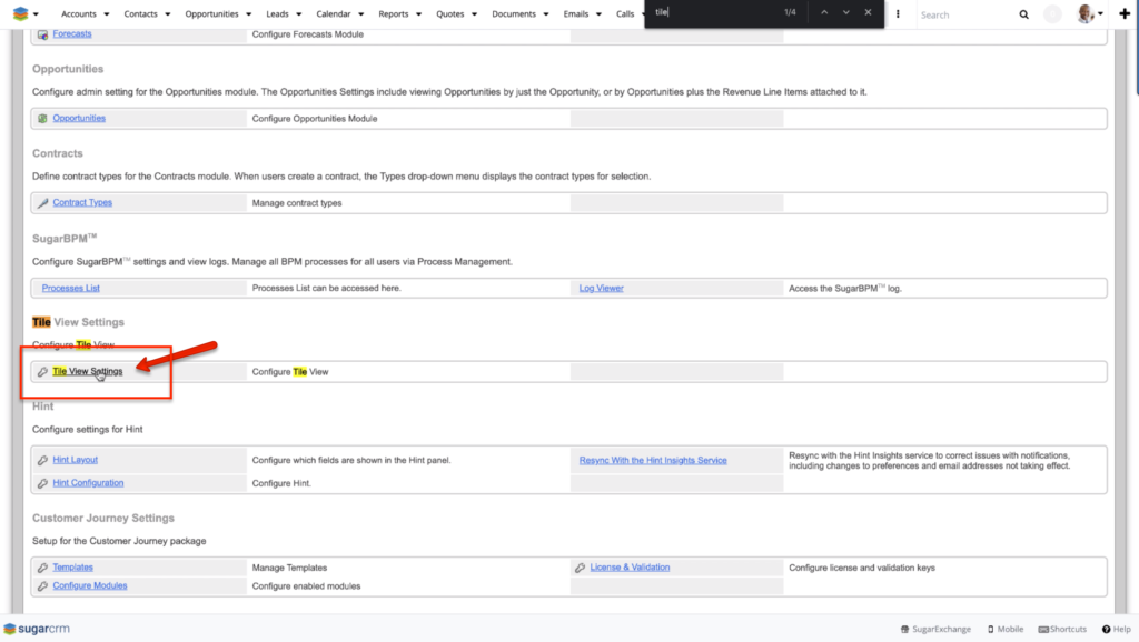SugarCRM Tile View Settings