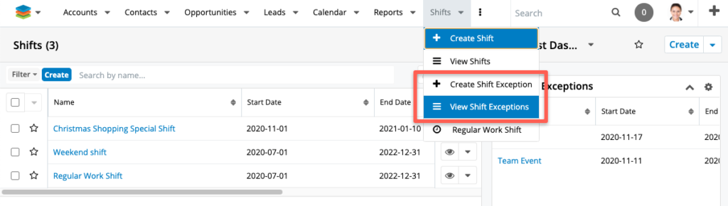 SugarCRM Shift Exceptions