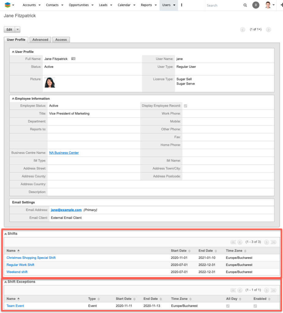 Users Employees Shifts SugarCRM